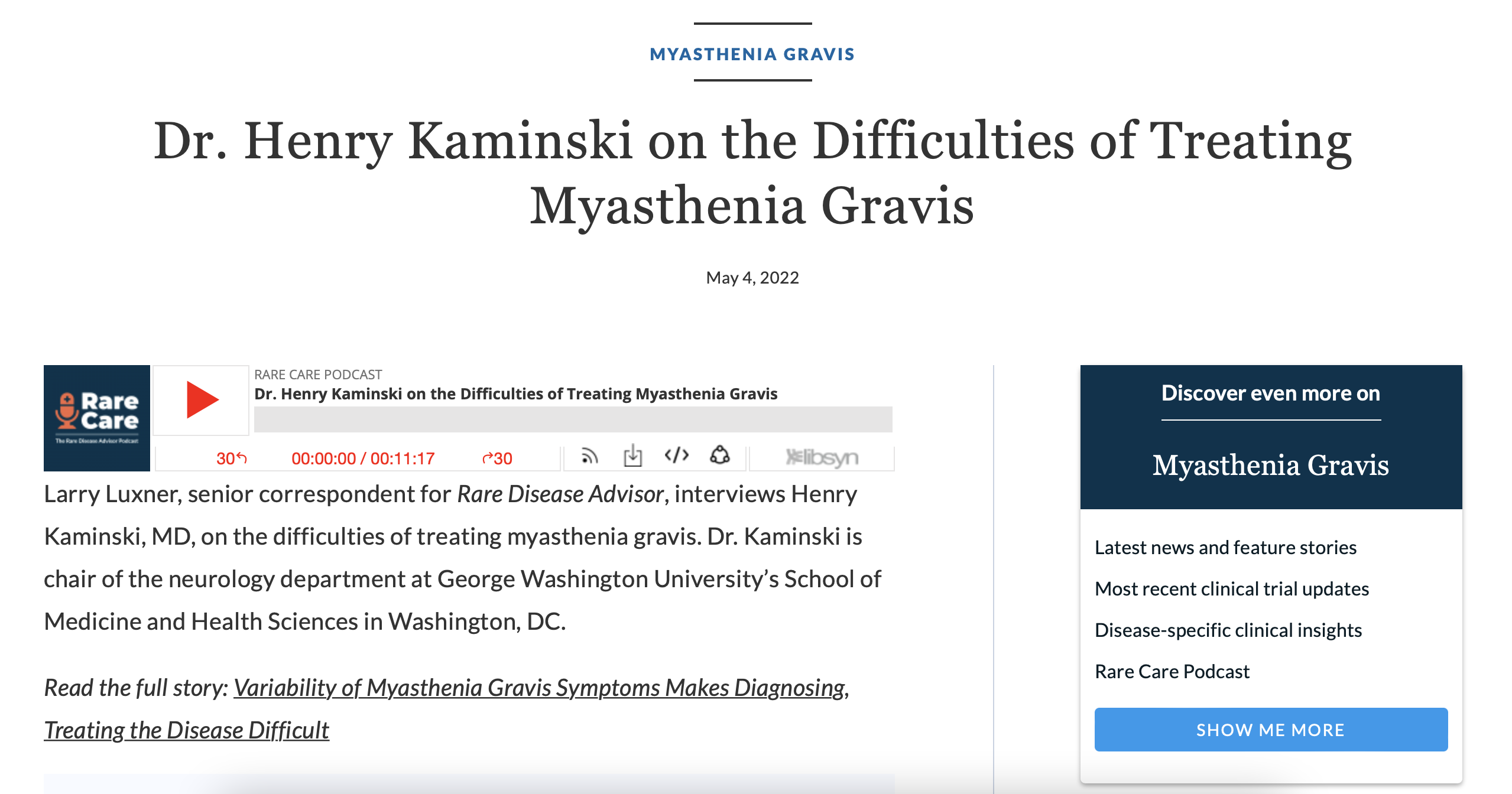 Screenshot of RareDiseaseAdvisor article "Dr. Henry Kaminski on the Difficulties of Treating Myasthenia Gravis"